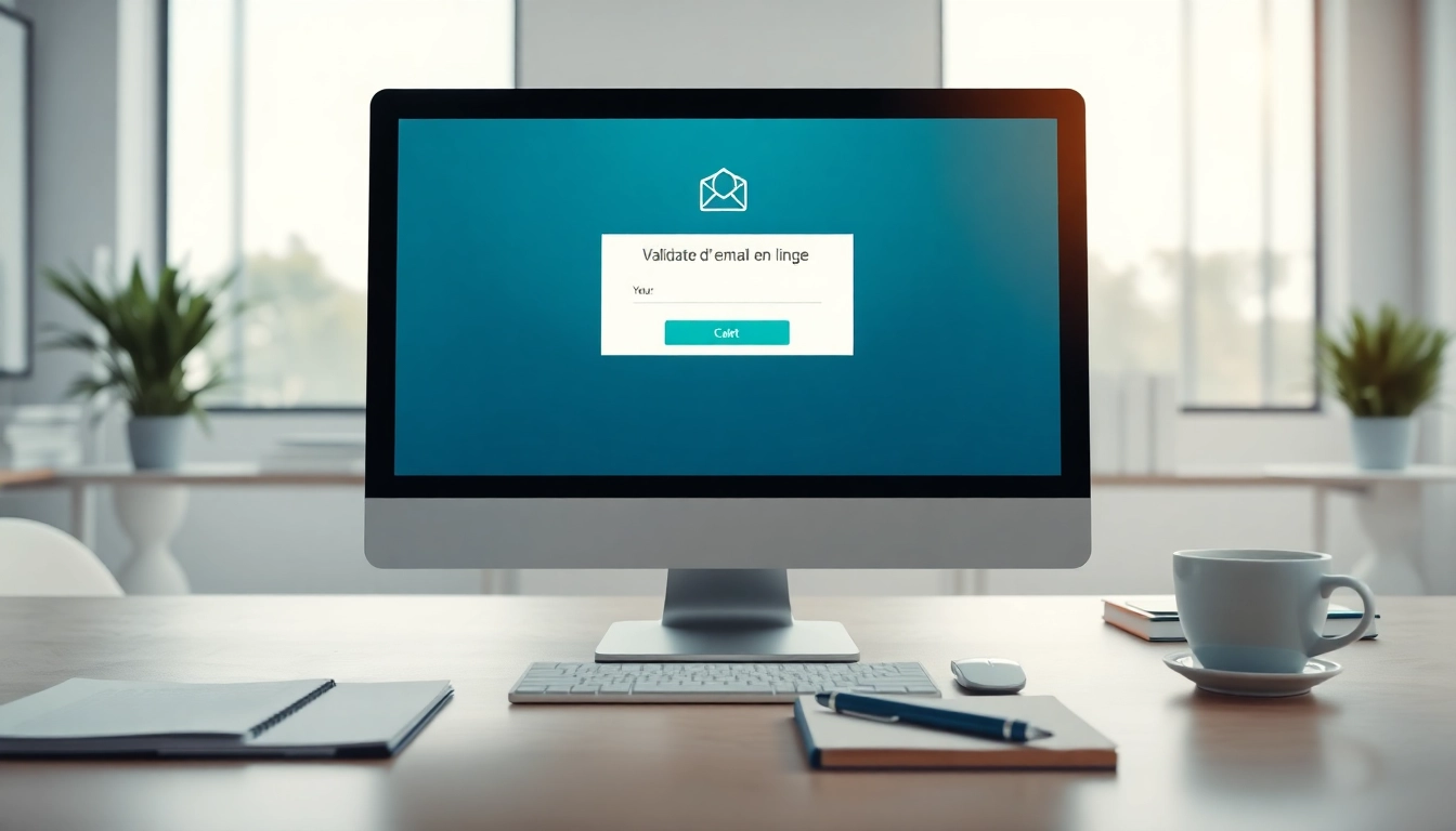 Processus de validation d'e-mail en ligne présenté sur un ordinateur de bureau moderne, symbolisant la fiabilité.