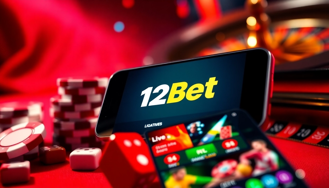 Experience the excitement of gambling with the official link 12Bet displayed on a vibrant mobile interface.