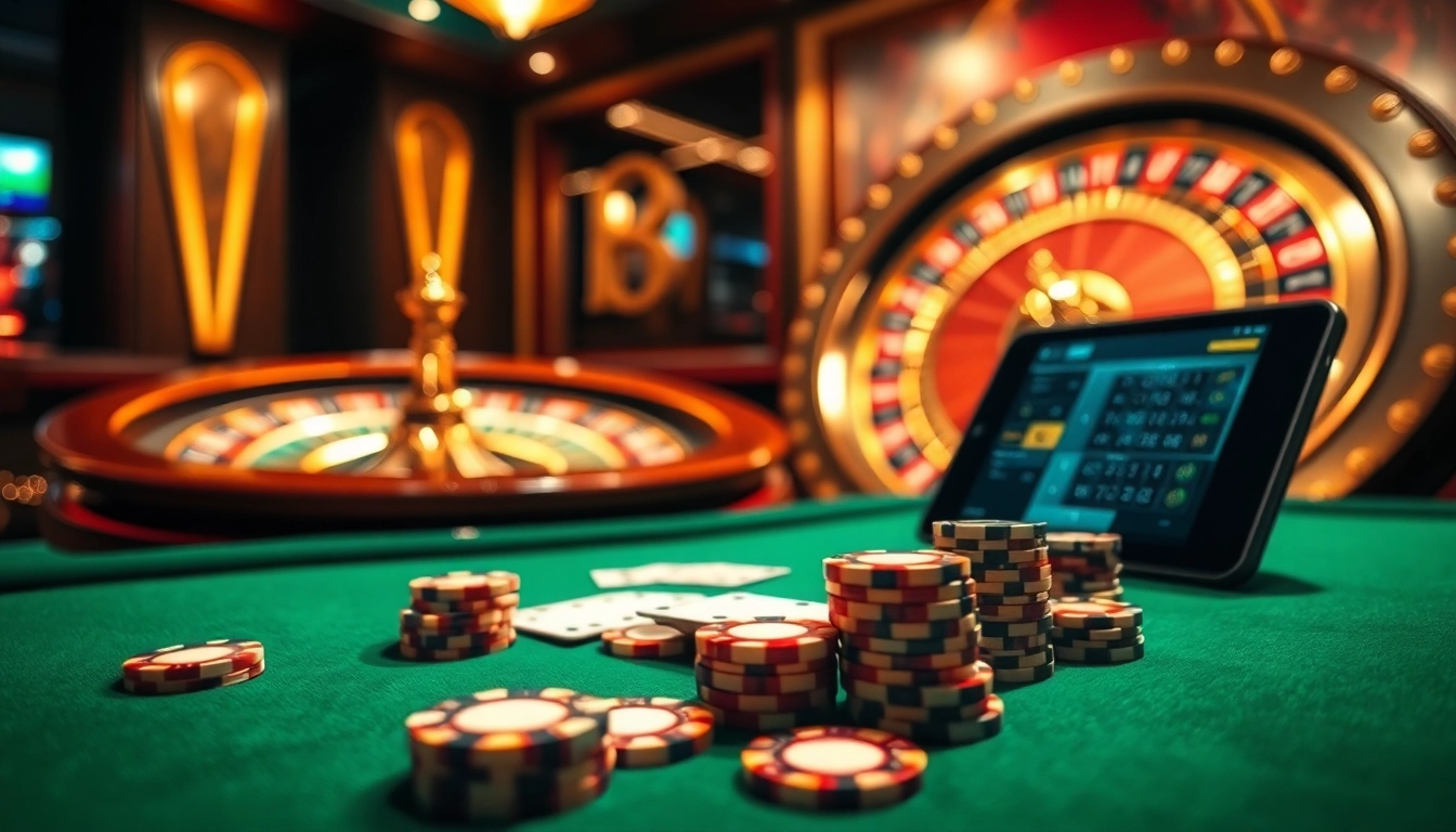 Engage with exciting gameplay at https://888b.report/ in a vibrant casino scene featuring poker chips and cards.