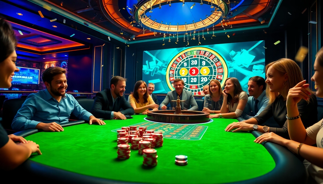 The best crypto casino scene featuring an exciting poker table, enthusiastic players, and a vibrant roulette wheel.