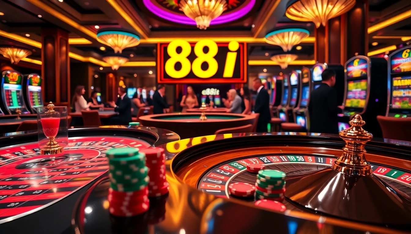 Players enjoying games at 88i casino, with vibrant roulette tables and poker chips.