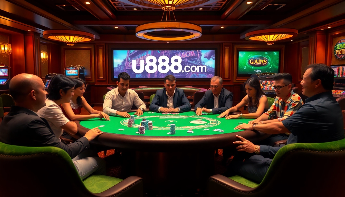 Players enjoying high-stakes poker at u888 com in a luxurious casino setting.