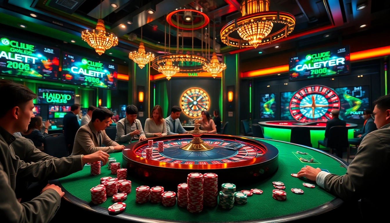 Players enjoying high-stakes games at FLY88 casino, featuring vibrant poker chips and roulette excitement.