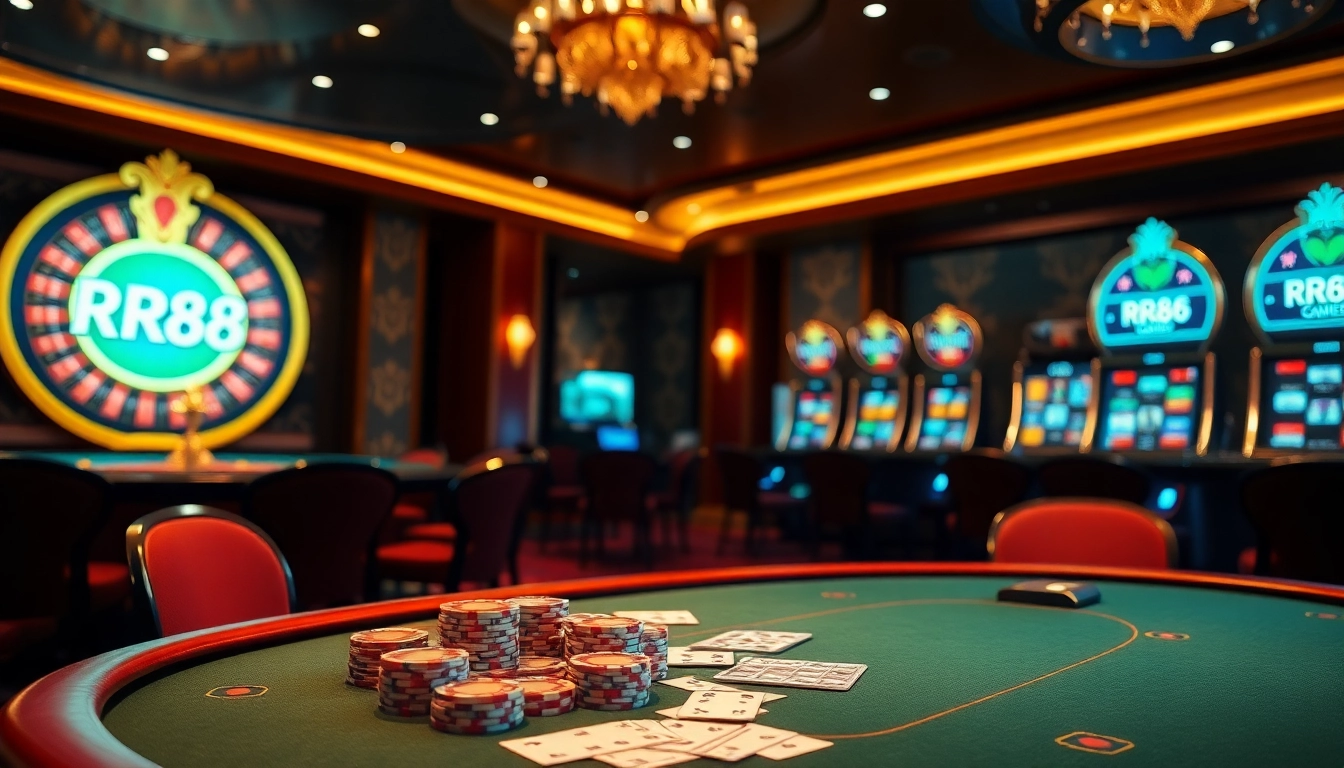 RR88 poker scene with luxurious chips, roulette wheel, and online gambling interface