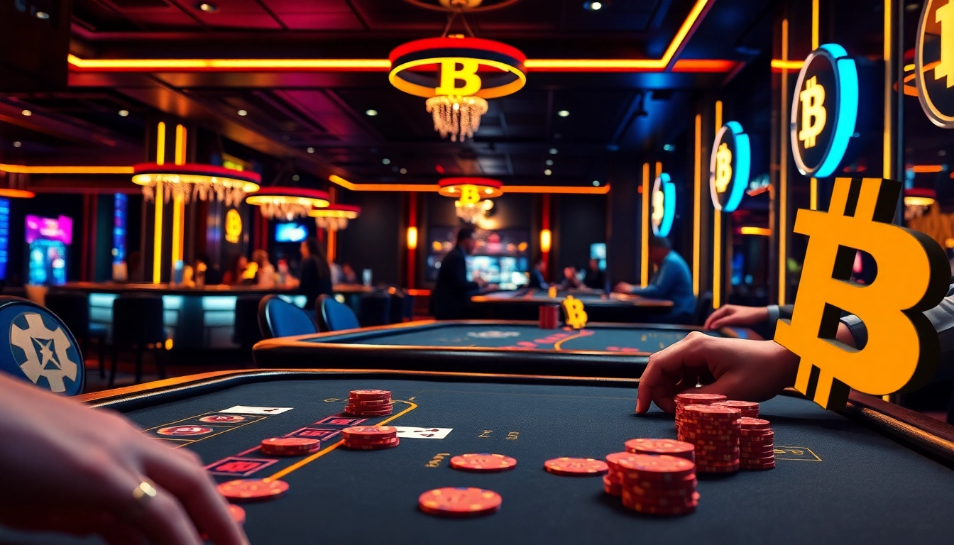 Découvrez un casino en ligne Bitcoin vibrant avec des jeux et des symboles de crypto-monnaie.