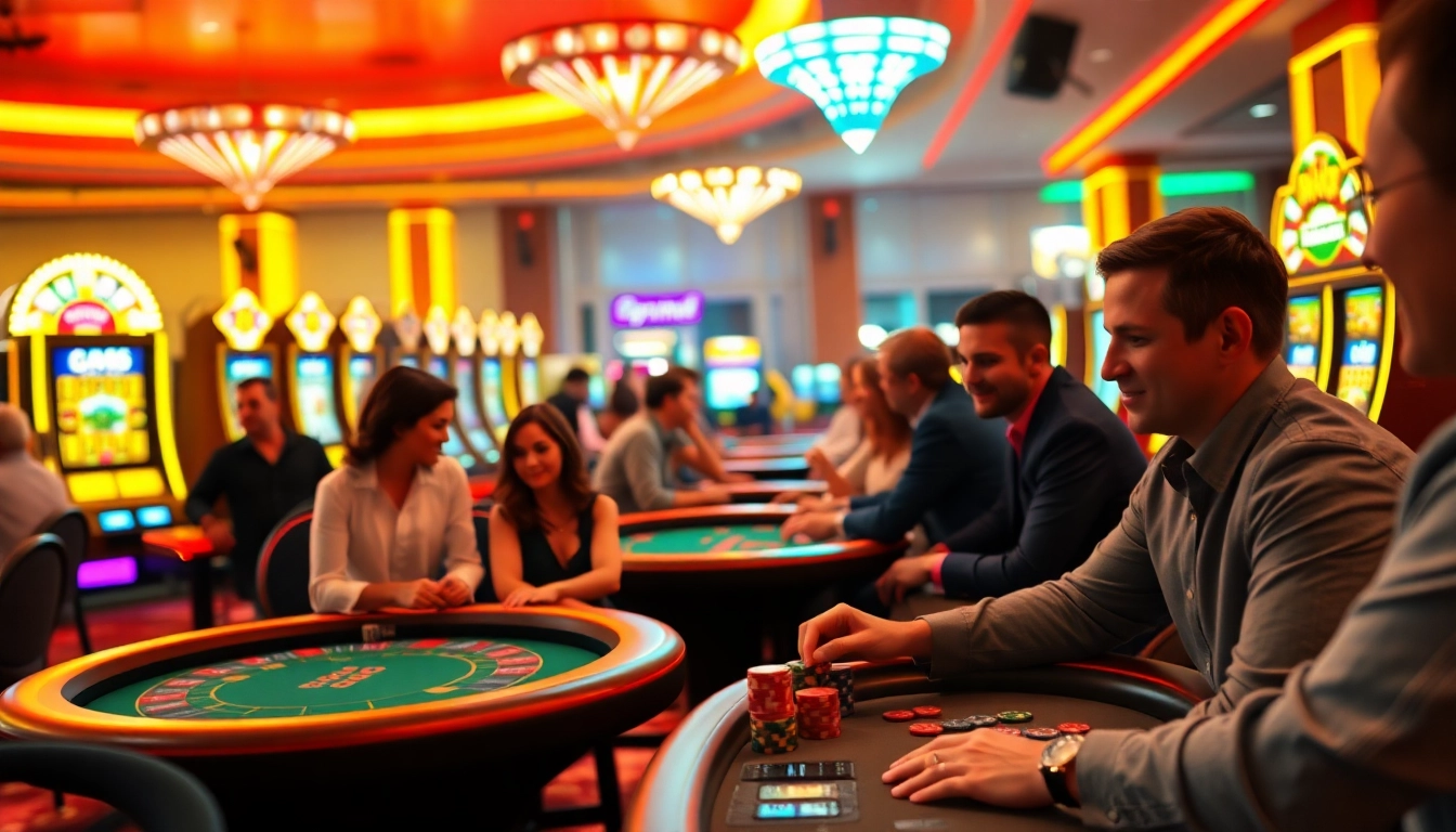 Joueurs profitant de l'expérience casino belgique en ligne avec une ambiance colorée et conviviale.