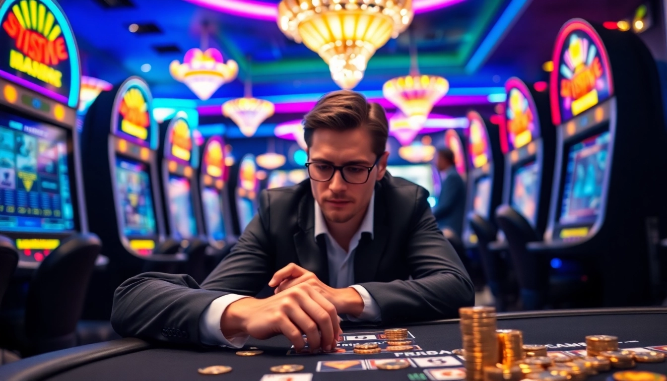 Jouez à des jeux au crypto casino avec des lumières vives et un joueur concentré.