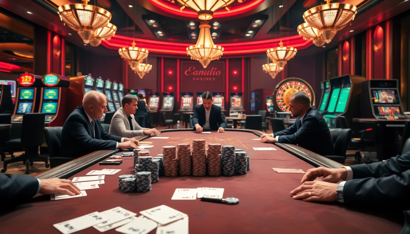 Players strategizing at 22jl poker table with colorful chips and dynamic casino atmosphere.